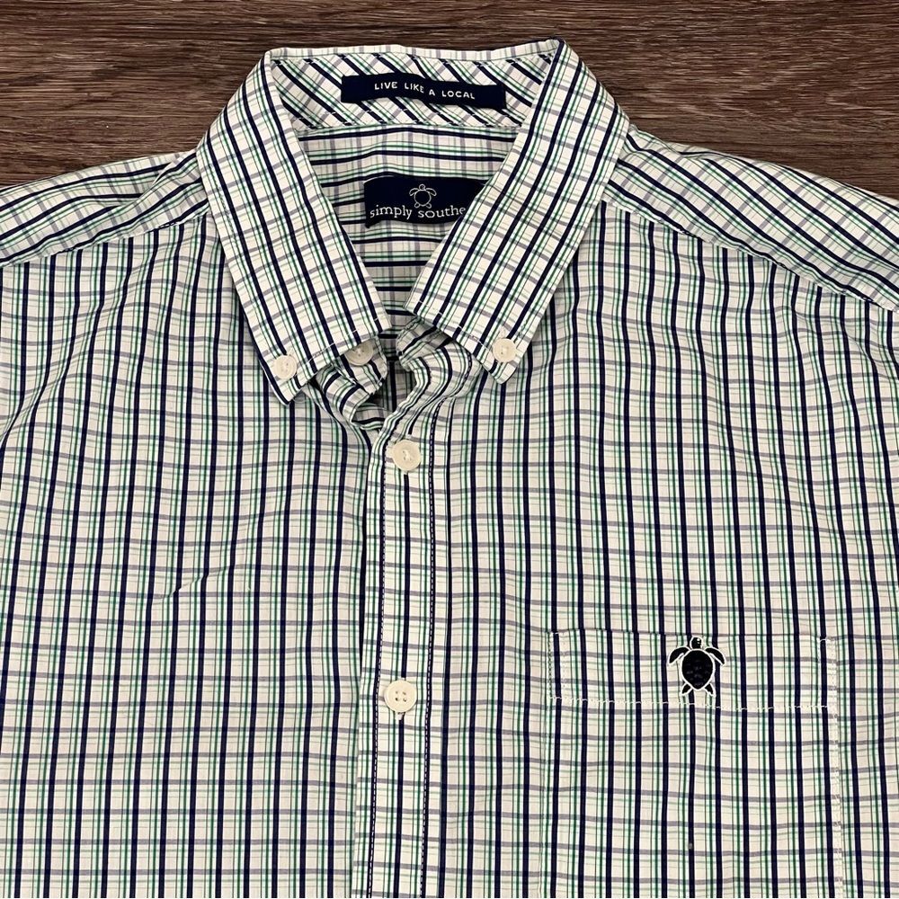 Simply Southern Blue and Green Plaid Button Down Long‎ Sleeve Medium Dress Shirt